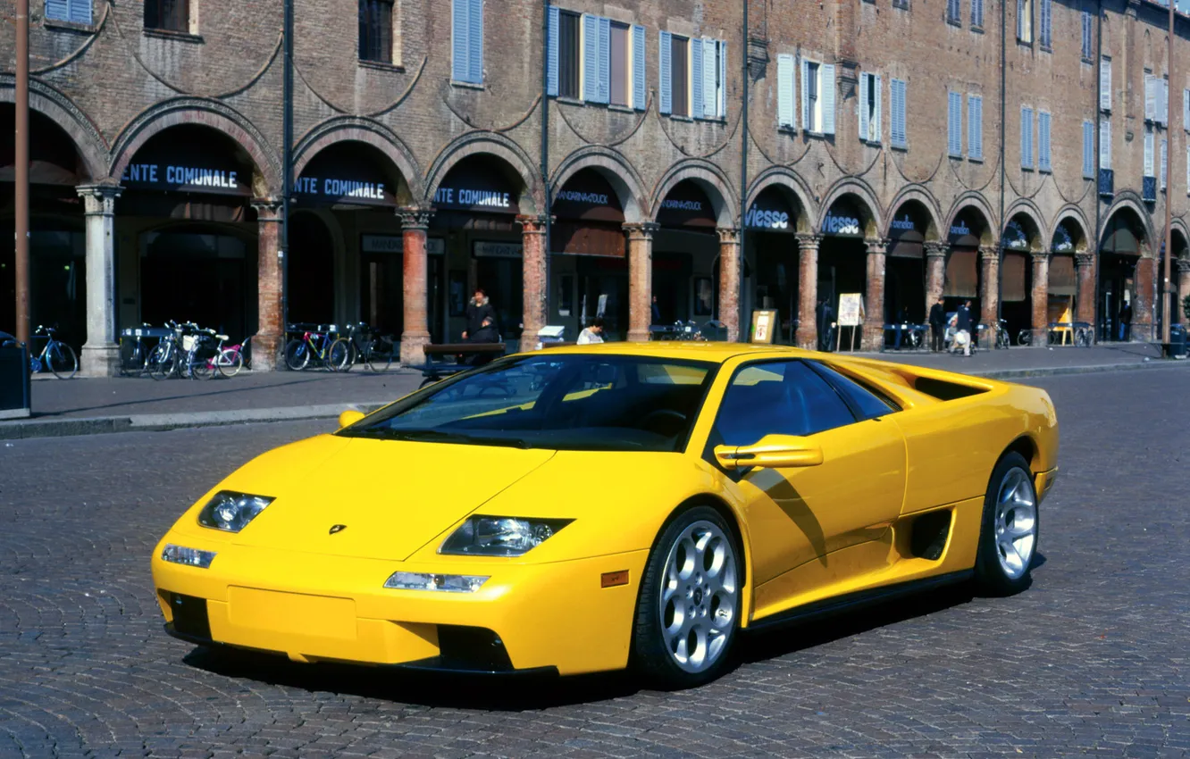 Photo wallpaper yellow, building, Lamborghini, columns, front view, diablo, Diablo