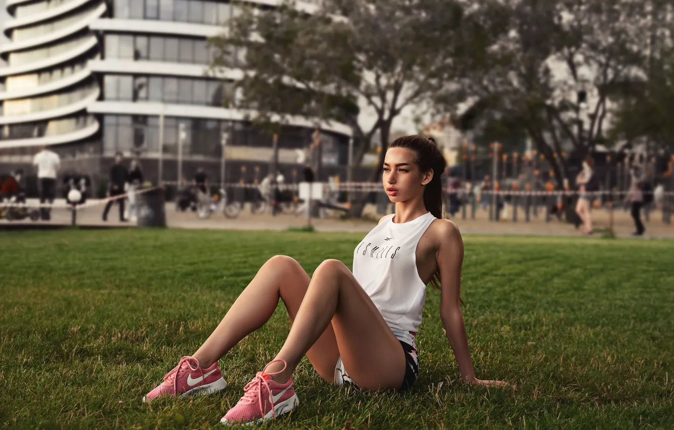 Photo wallpaper grass, shorts, trees, ponytail, model, people, Nike, women