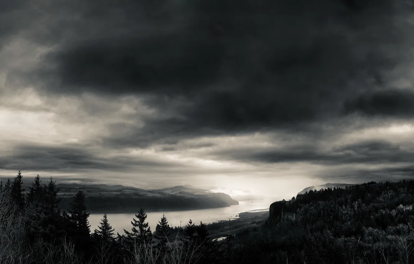 Photo wallpaper the sky, clouds, river, black and white