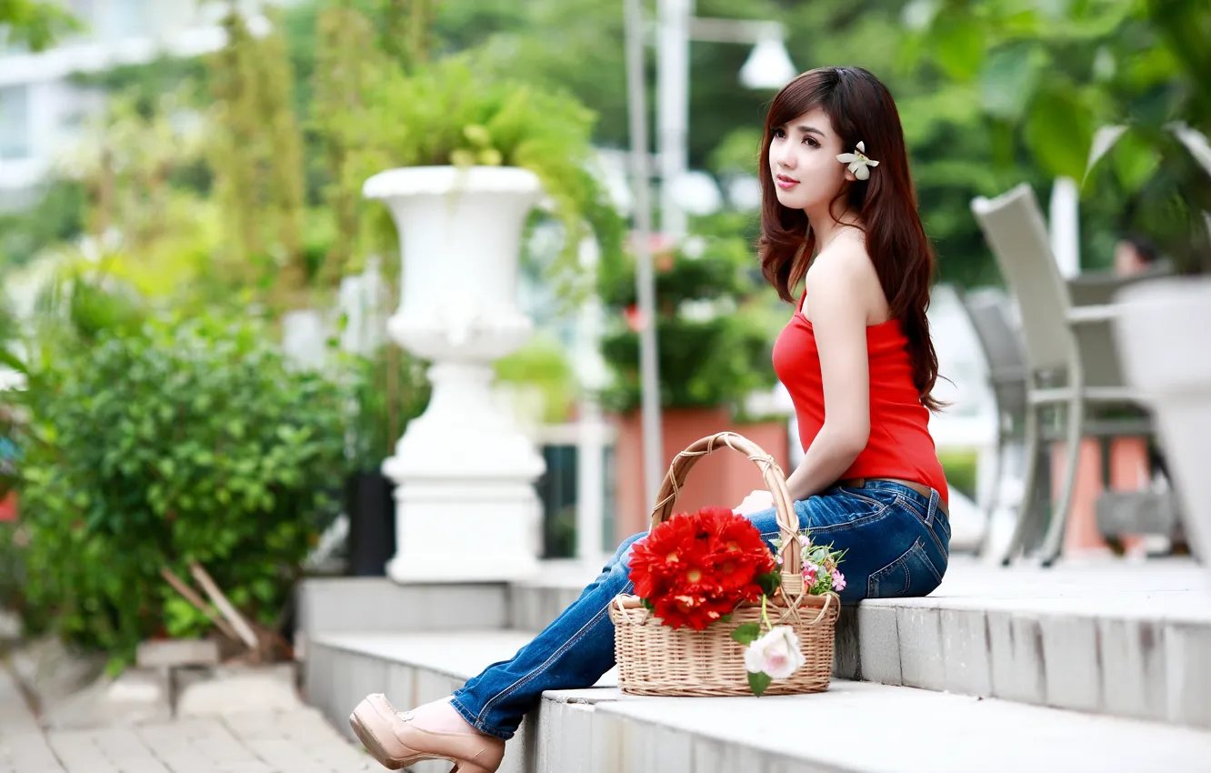 Photo wallpaper Blue Jeans, basket, sitting, steps, chinese girl, Red Shirt, Red flowers