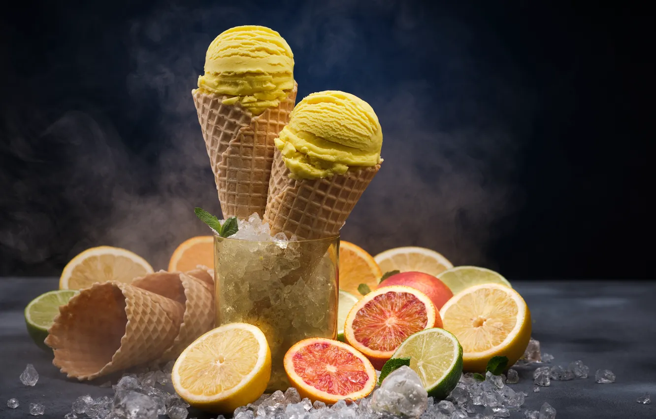 Photo wallpaper ice cream, horn, dessert, citrus, waffle