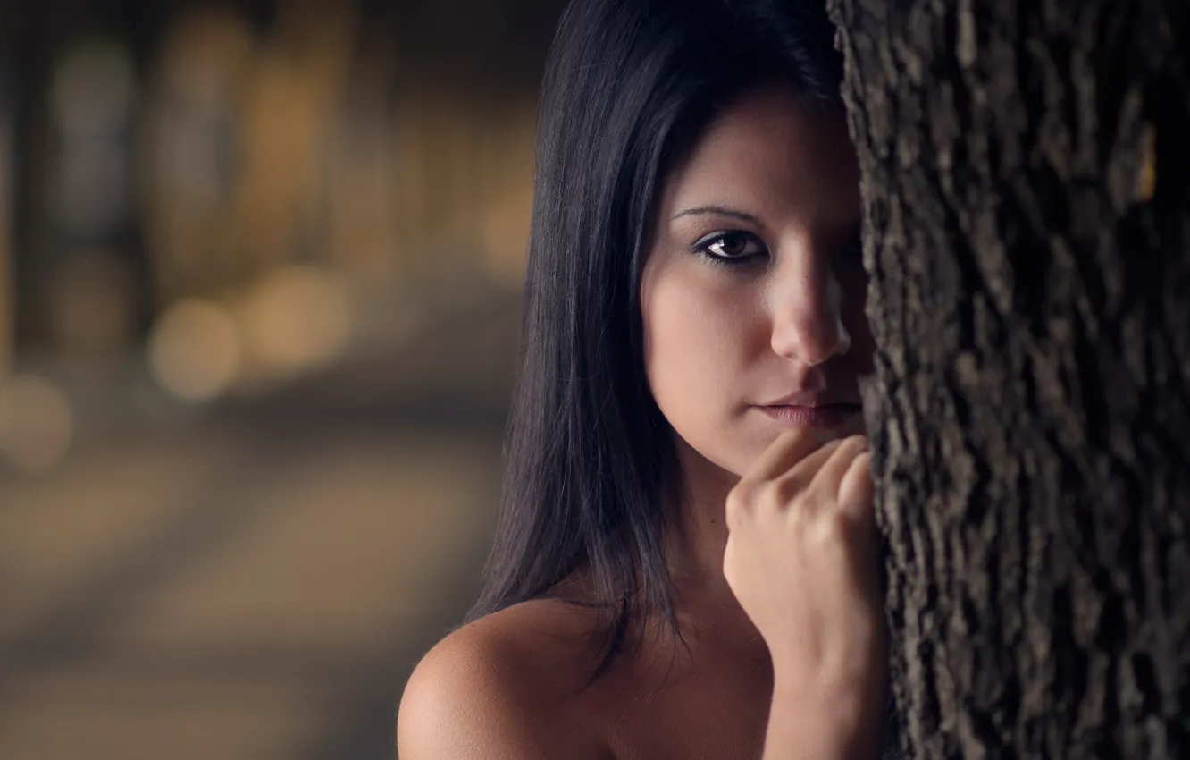 Photo wallpaper look, girl, trees, face, background, mood, portrait