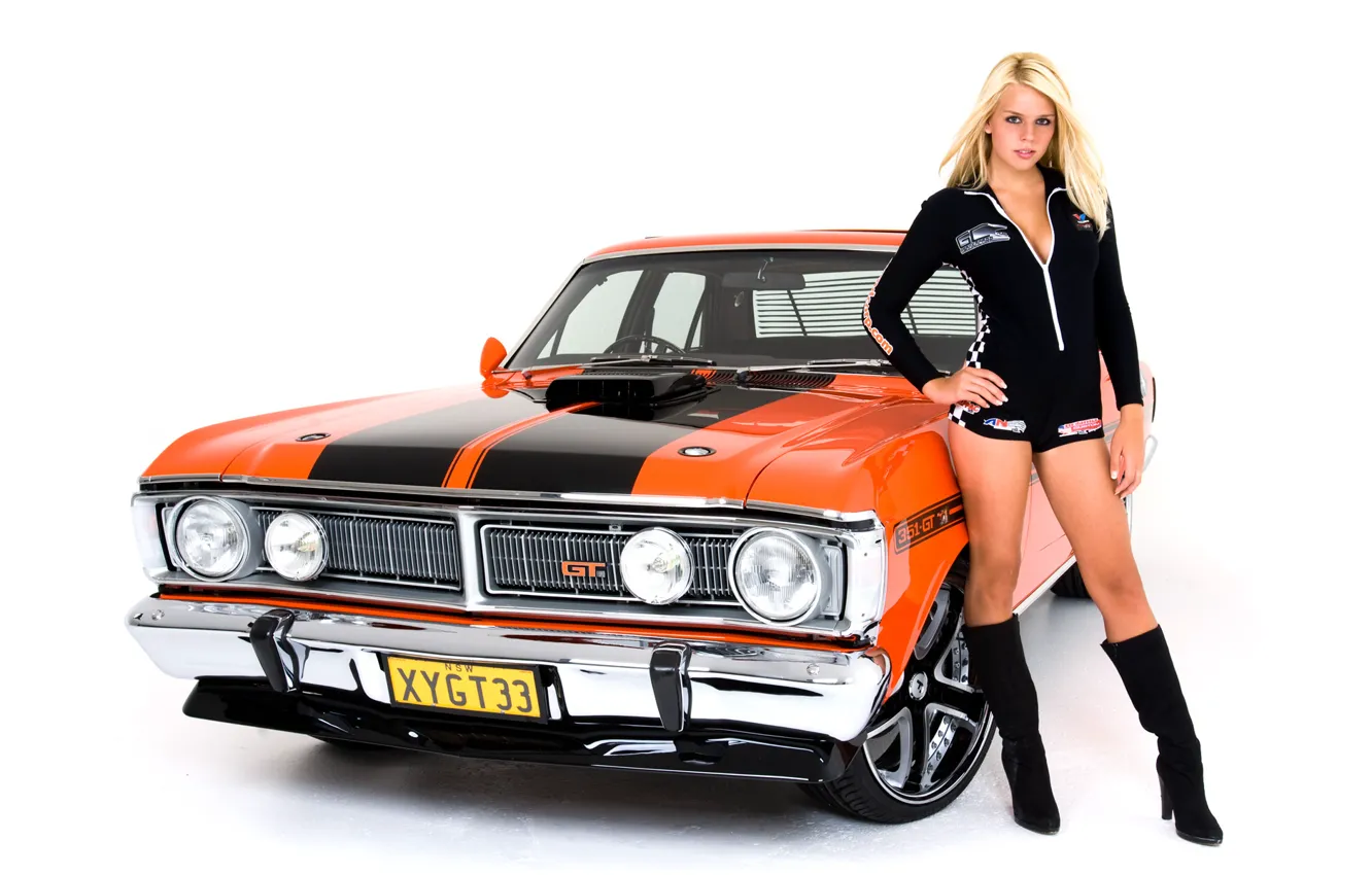 Photo wallpaper Girls, blonde, beautiful girl, on a white background, standing near the car, an American classic