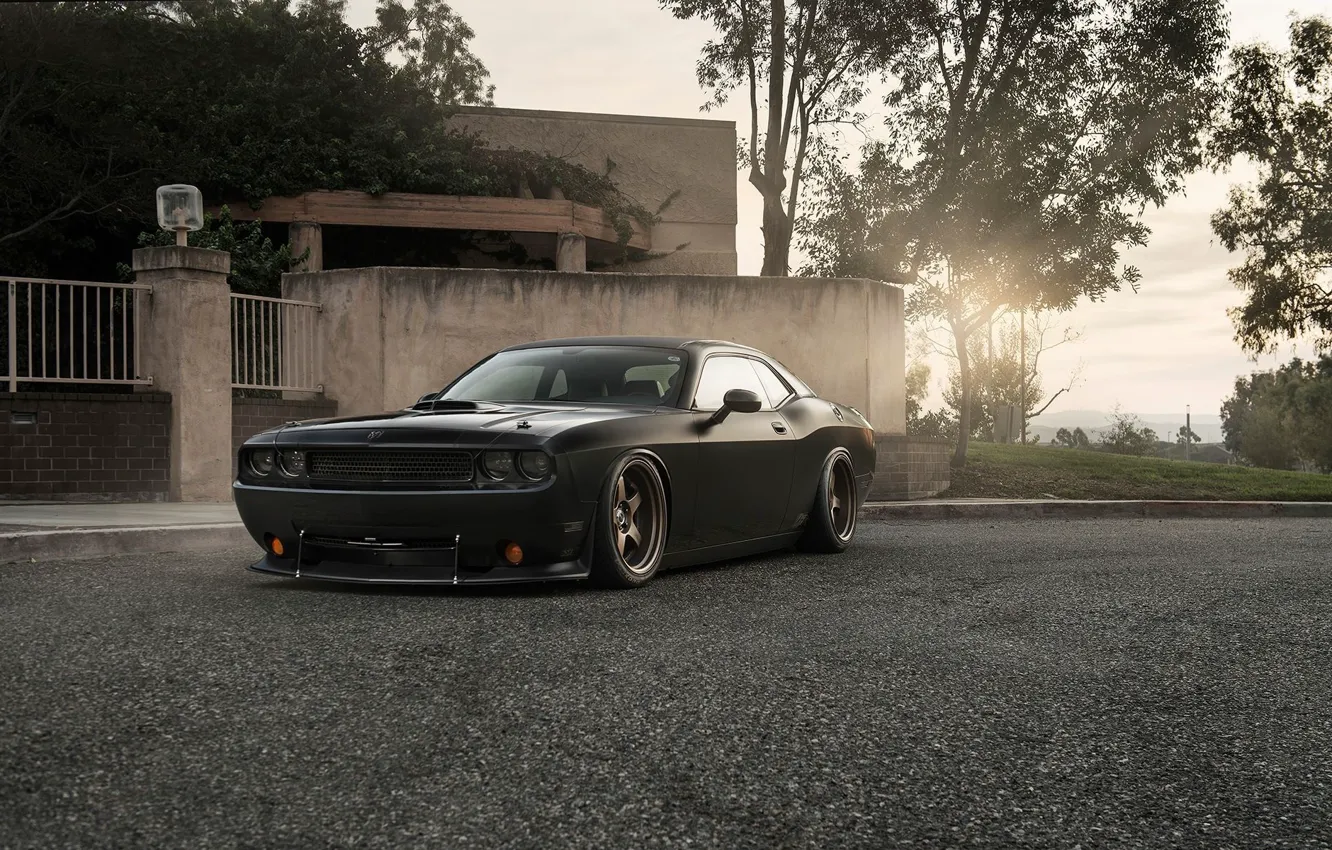 Photo wallpaper Muscle, Dodge, Challenger, Car, Front, Black, Sun, Tuning