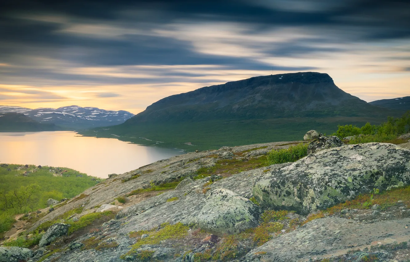 Photo wallpaper the sky, clouds, mountains, clouds, lake, stones, rocks, shore