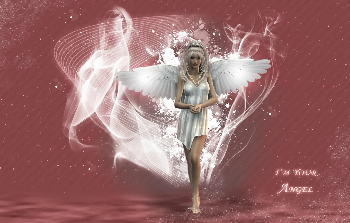 Photo wallpaper magic, blonde, 3d art, white wings, white sundress, barefoot girl, I`m your Angel