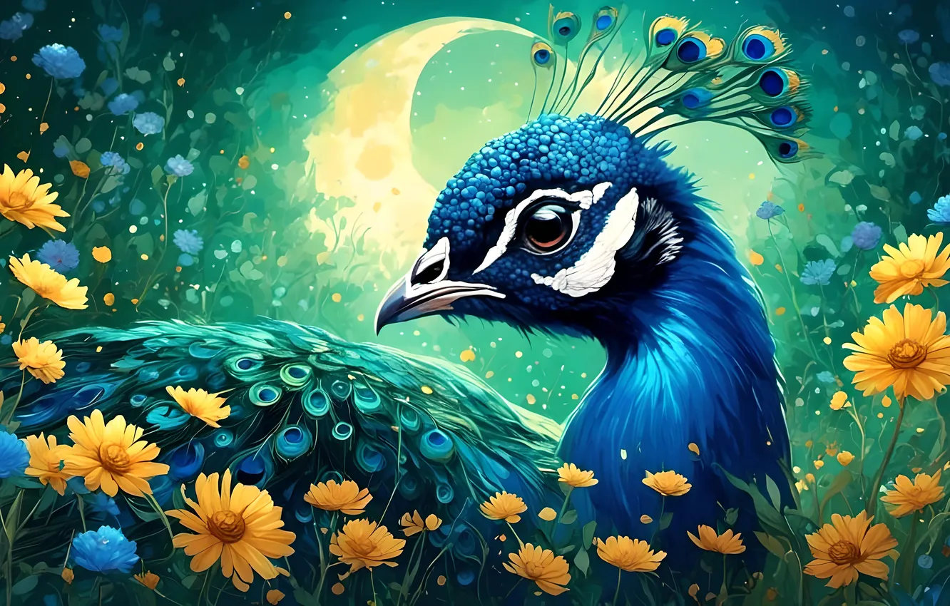 Photo wallpaper look, flowers, night, blue, yellow, bird, the moon, glade