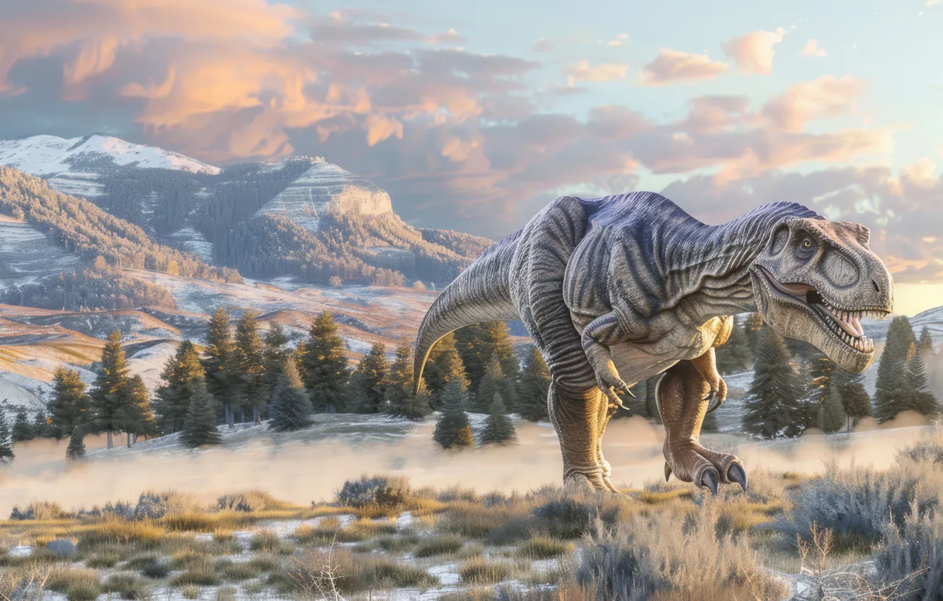 Photo wallpaper grass, trees, mountains, animal, dawn, dinosaur, predator, morning