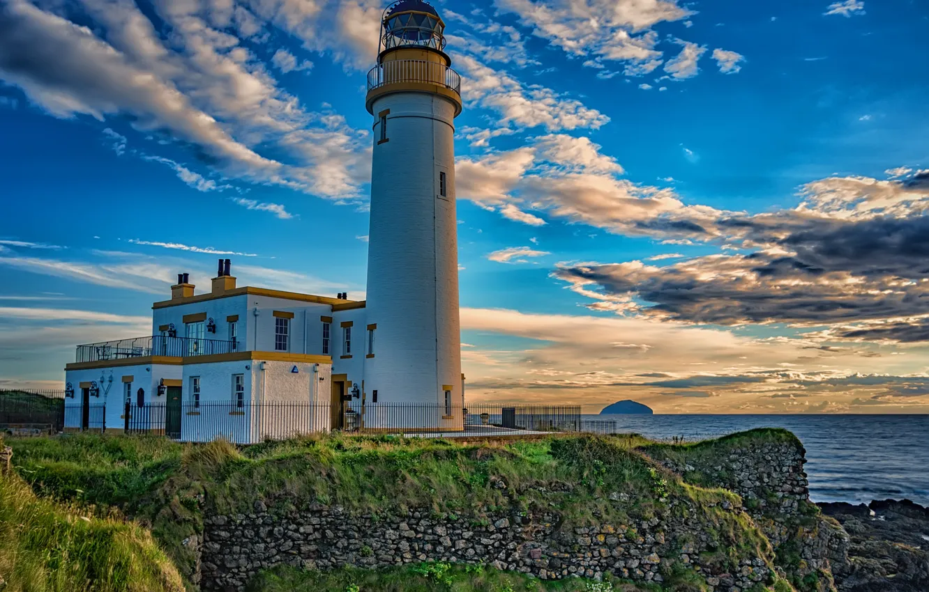 Photo wallpaper sea, the sky, clouds, sunset, coast, lighthouse, the evening, horizon