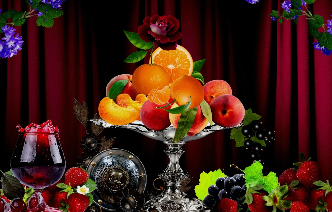 Photo wallpaper flowers, berries, orange, vase, fruit, drinks, apricot, flowers