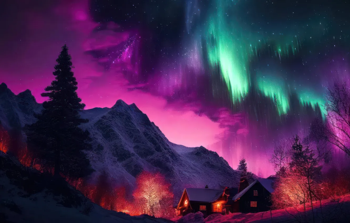 Photo wallpaper sky, night, scenery, digital art, northern lights, Aurora Borealis, AI Generated