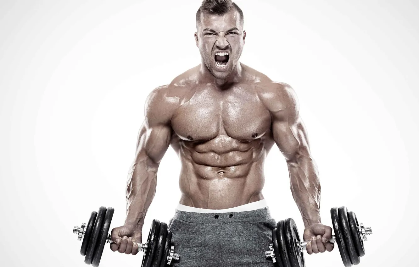 Photo wallpaper pose, figure, muscle, muscle, press, pose, athlete, dumbbells