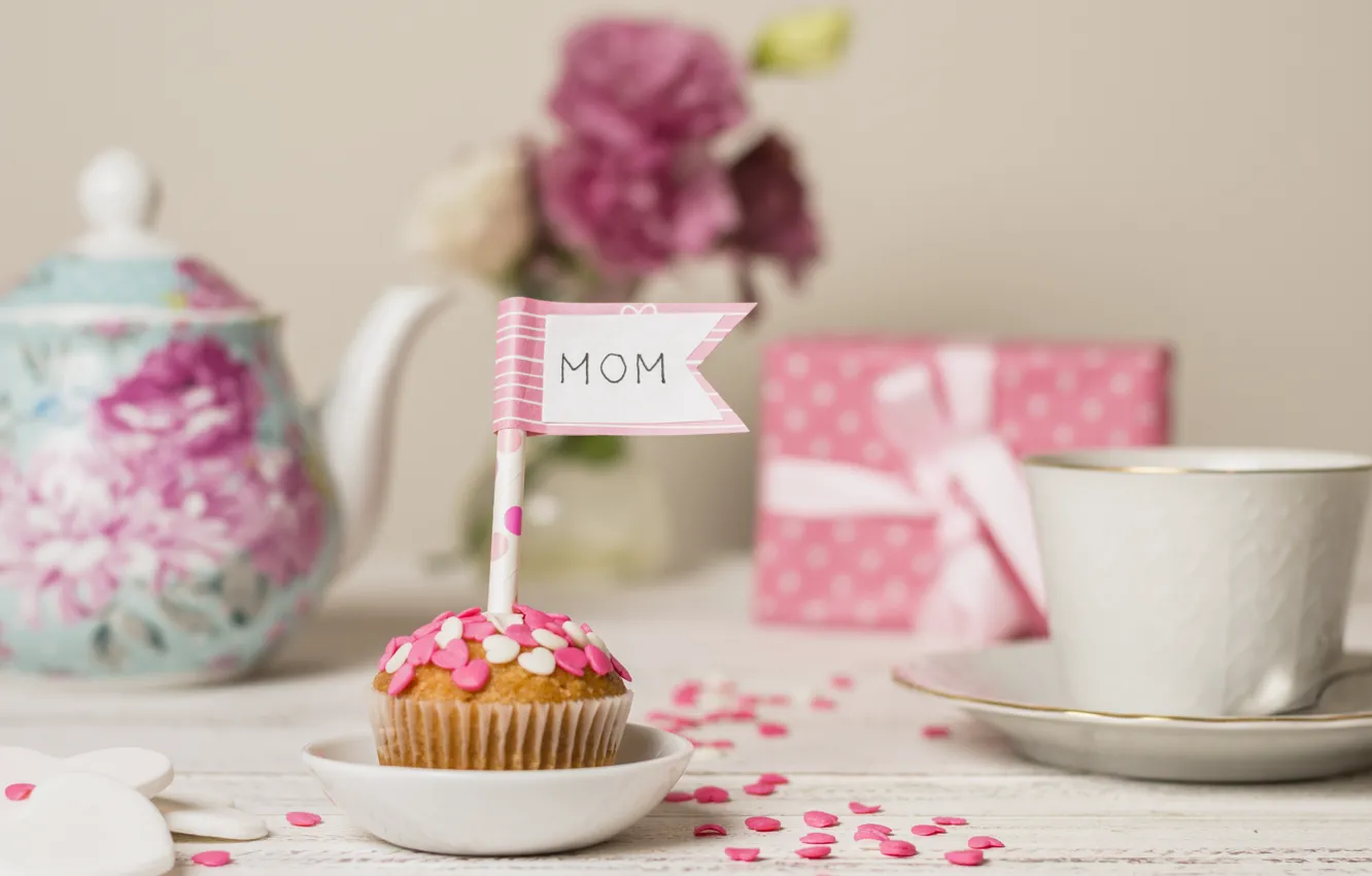 Photo wallpaper gift, tea, cupcake, Mother's Day, HOLIDAY