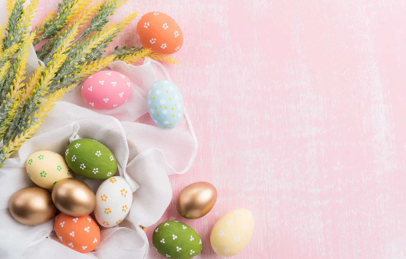 Photo wallpaper flowers, eggs, spring, colorful, Easter, happy, pink, flowers, spring, Easter, eggs, decoration