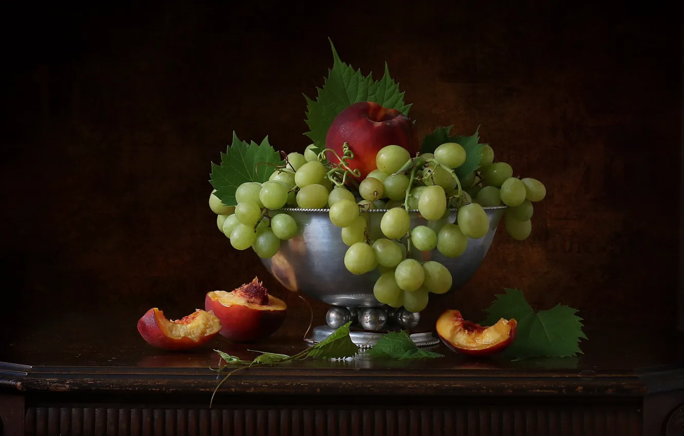 Photo wallpaper leaves, background, grapes, vase, still life, peaches