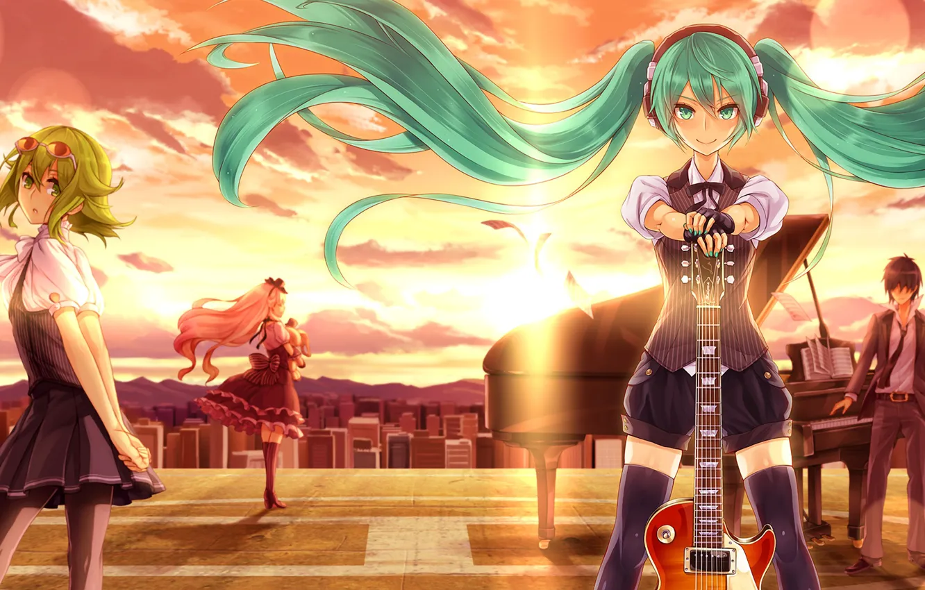 Photo wallpaper sunset, guitar, Vocaloid, characters, Hatsune Miku