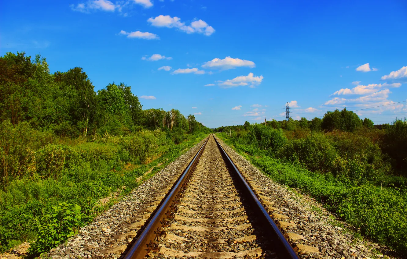 Photo wallpaper the sky, trees, railroad, summer.