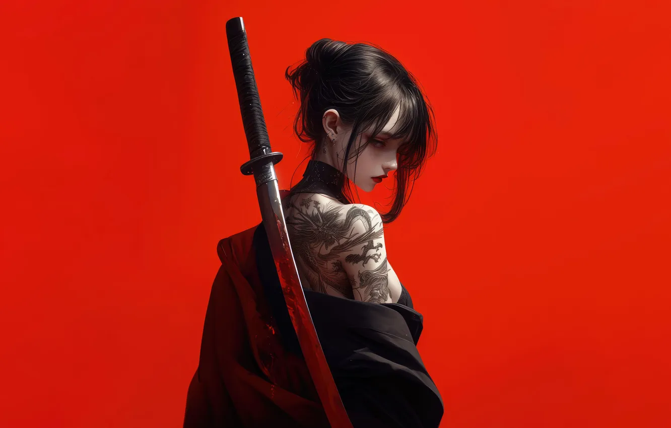 Photo wallpaper girl, sword, anime, tattoo