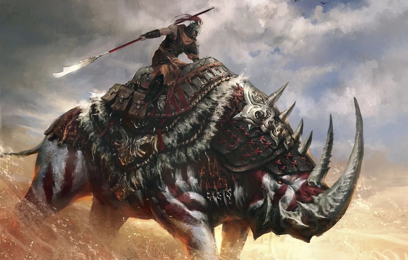 Photo wallpaper weapons, warrior, art, spear, beast, Age of Conan, Rhino, Concept art