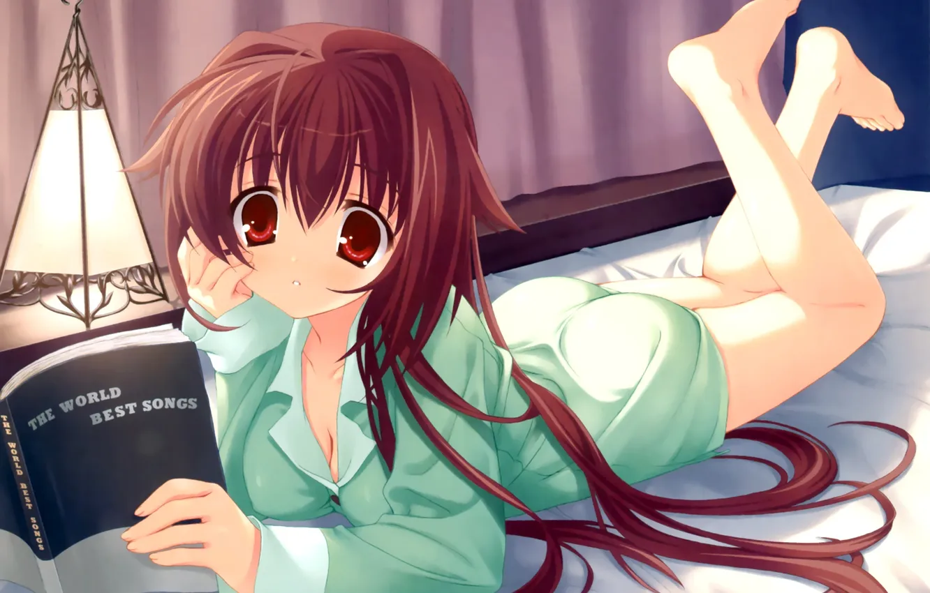 Photo wallpaper girl, pose, room, surprise, bed, neckline, book, art