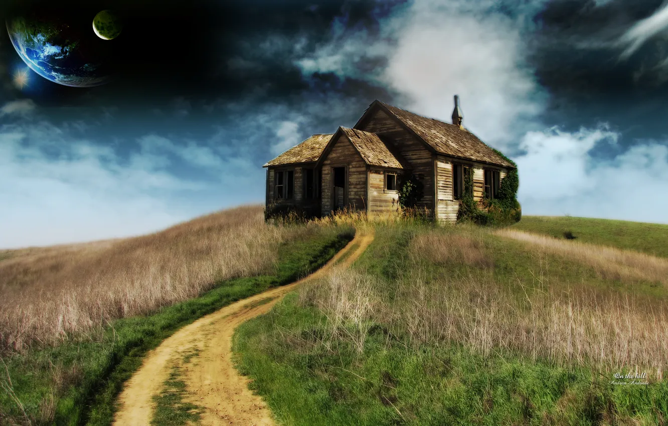 Photo wallpaper road, the sky, grass, nature, planet, home, meadow