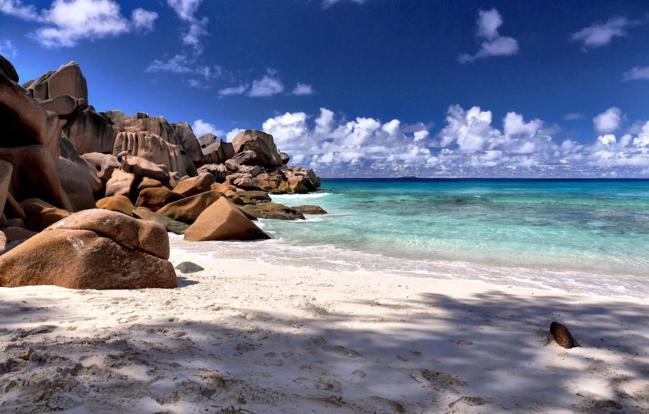 Photo wallpaper sand, sea, the sky, clouds, stones, rocks, shore