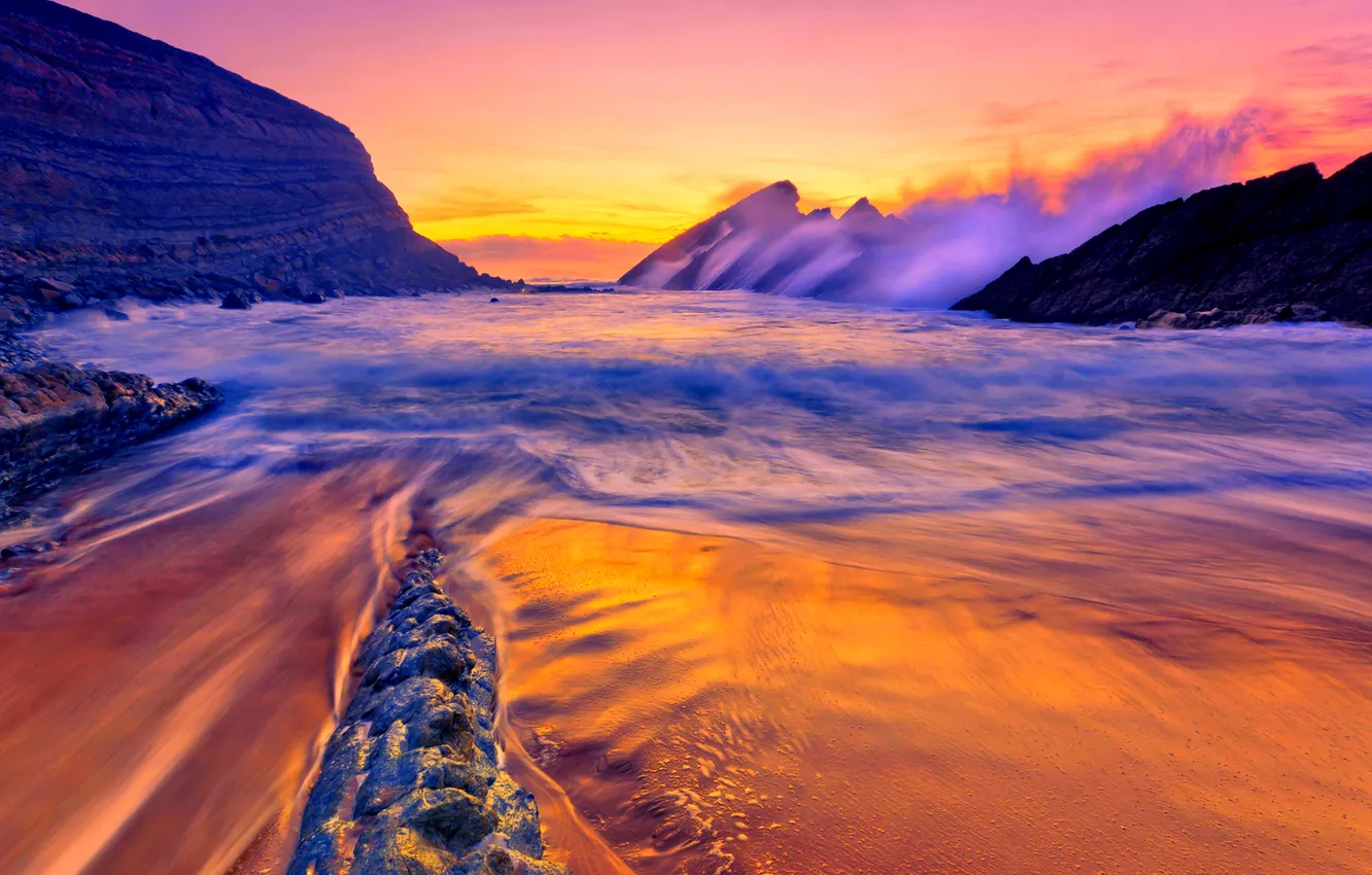 Photo wallpaper sea, wave, the sky, clouds, sunset, mountains, squirt, rocks