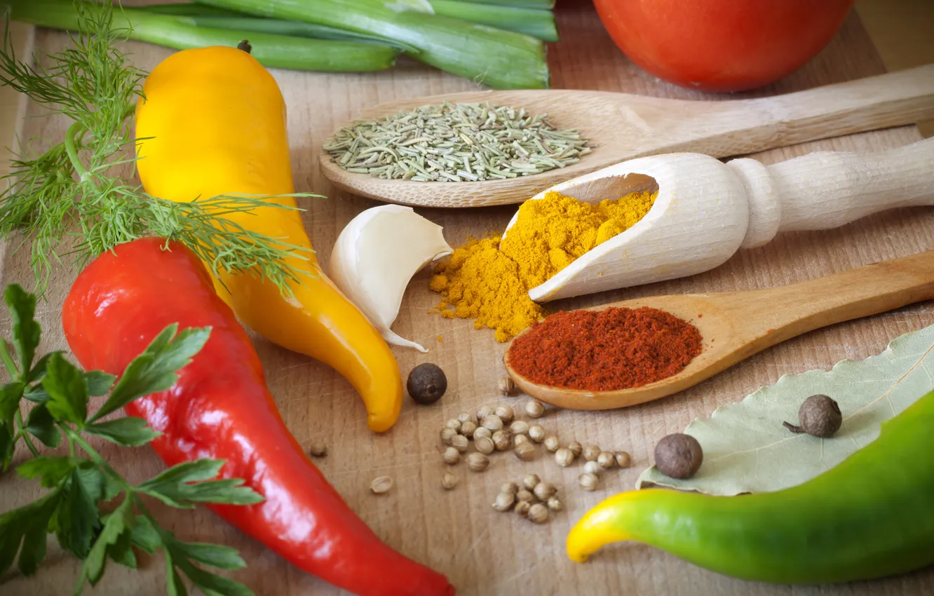 Photo wallpaper bow, pepper, tomatoes, garlic, Bay leaf, curry