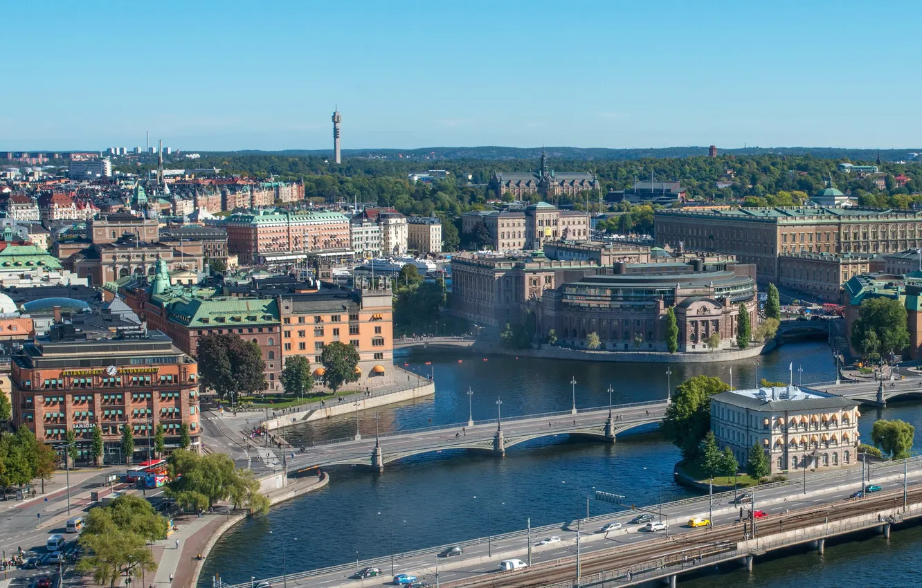 Photo wallpaper the city, river, photo, home, top, Sweden, bridges, Stockholm