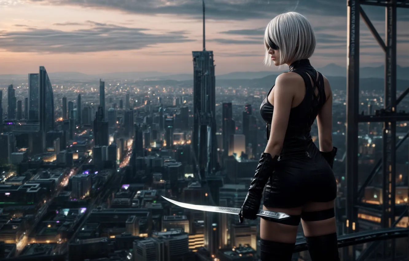 Photo wallpaper girl, the city, sword, YoRHa No.2 Type B, the image is generated by AI