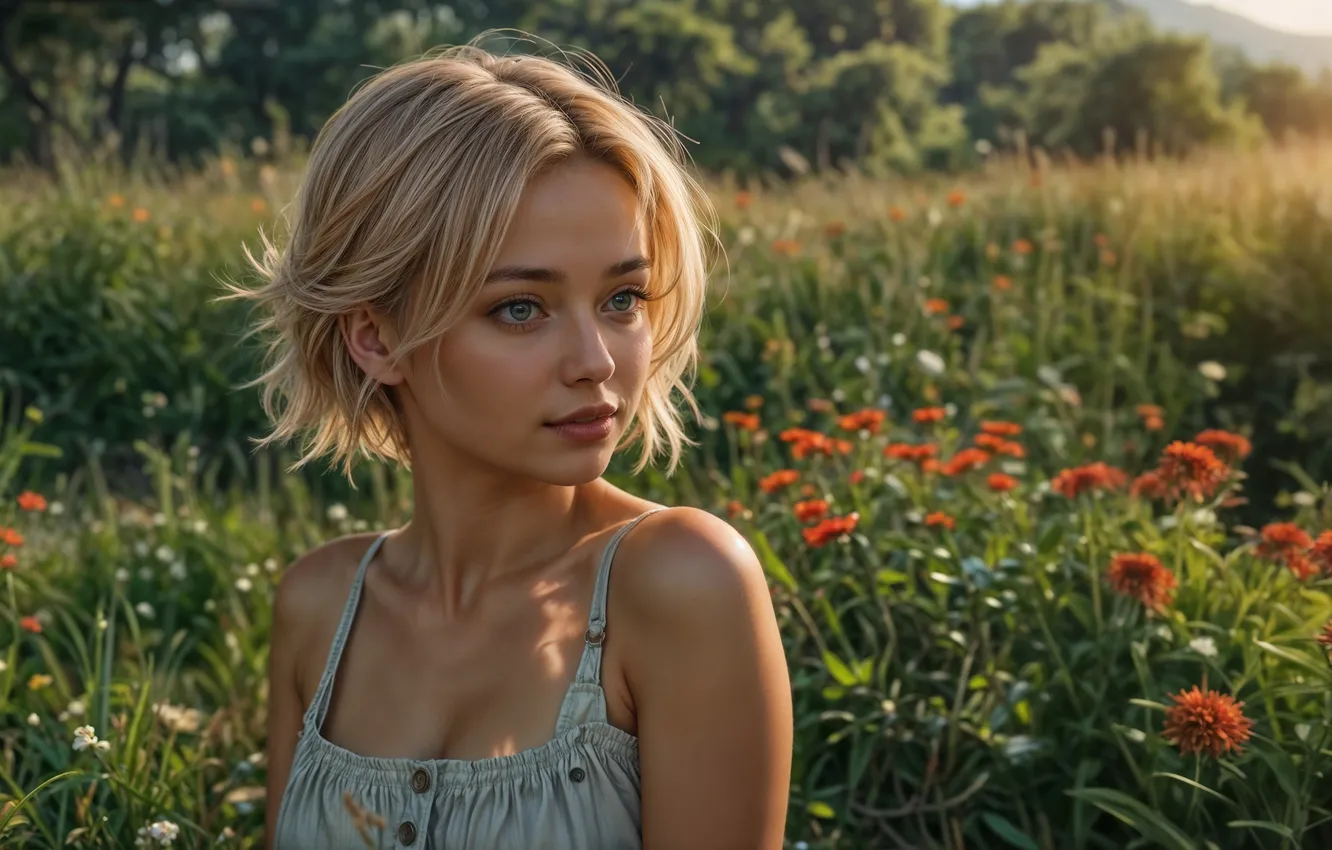 Photo wallpaper girl, the sun, joy, walk, beautiful, in the meadow
