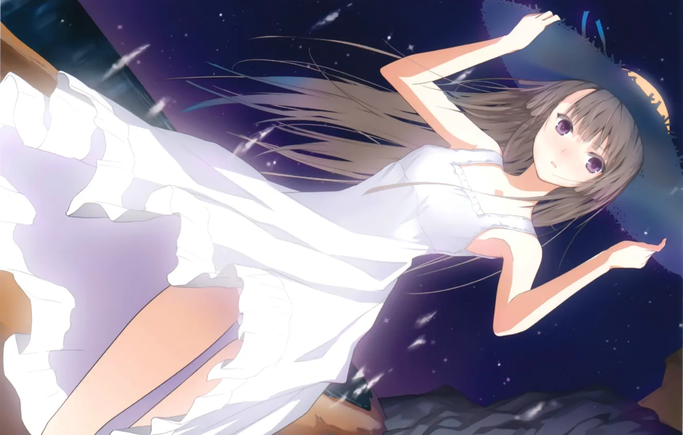 Photo wallpaper summer, night, girl, white dress, vacation, long hair, starry sky, on the shore