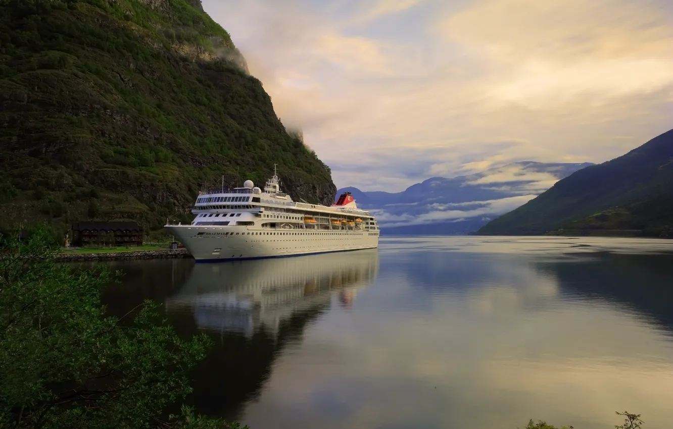Photo wallpaper sea, mountains, ship, Bay, liner, the fjord