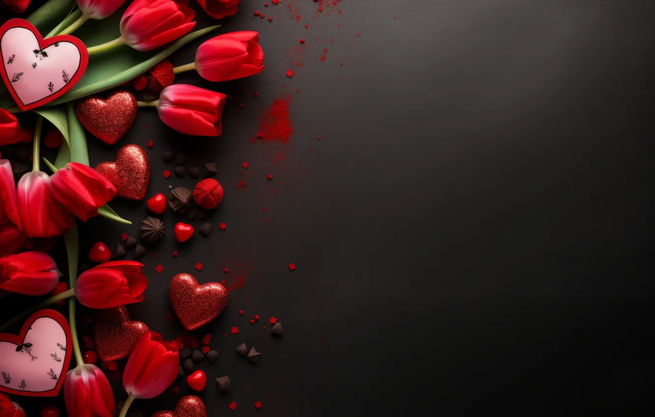 Photo wallpaper love, flowers, gift, romance, heart, tulips, red, love