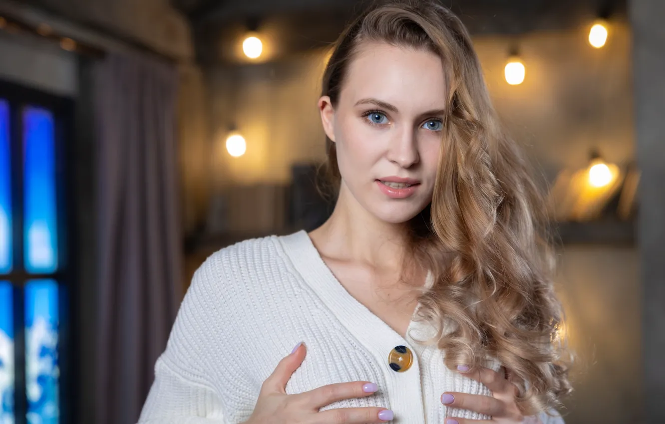 Photo wallpaper hot girl, brown hair, model, sexy woman, posing, hot babe, beautiful face, indoors