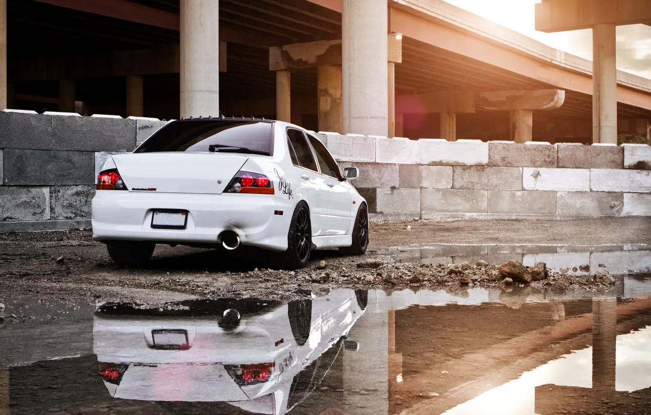 Photo wallpaper white, reflection, construction, puddle, mitsubishi, lancer, evolution, evo