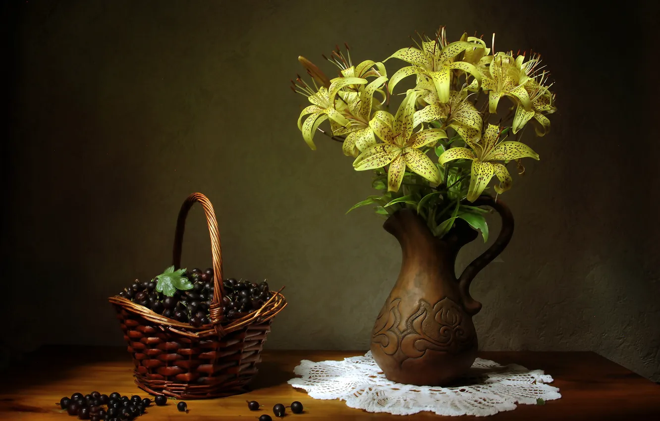 Photo wallpaper flowers, yellow, berries, table, basket, Lily, vase, still life