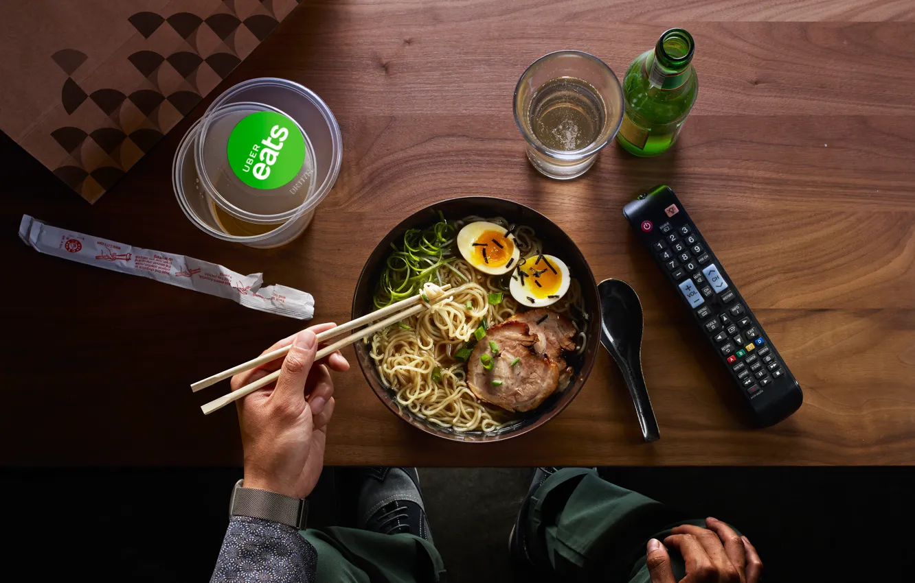 Photo wallpaper noodles, remote control, utensils, oriental food, plato