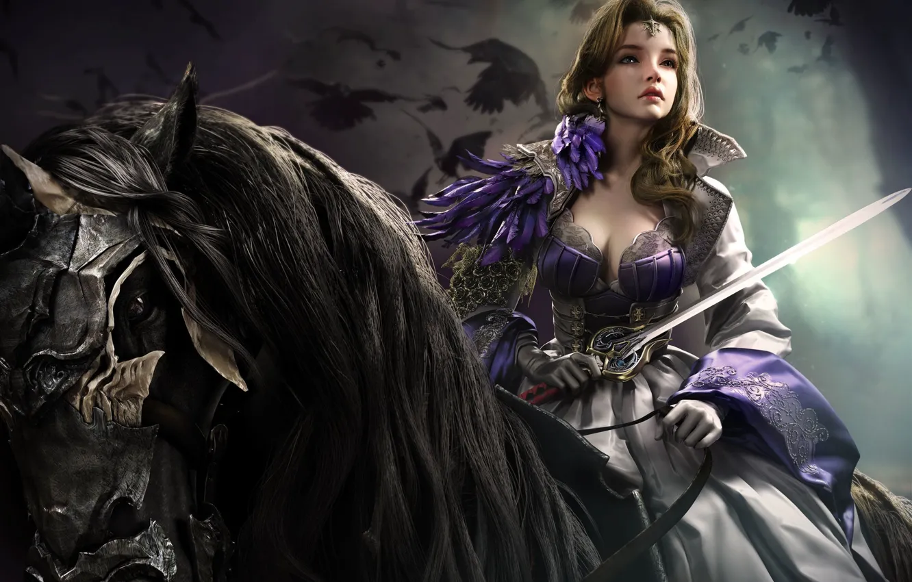 Photo wallpaper sword, fantasy, cleavage, armor, dress, weapon, horse, digital art