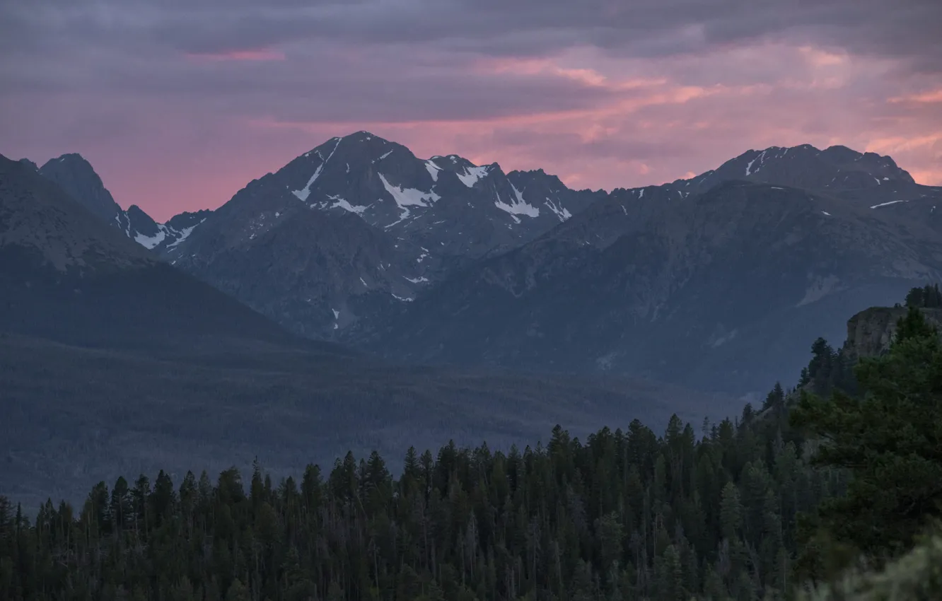 Photo wallpaper the sky, clouds, trees, sunset, mountains, nature, rocks
