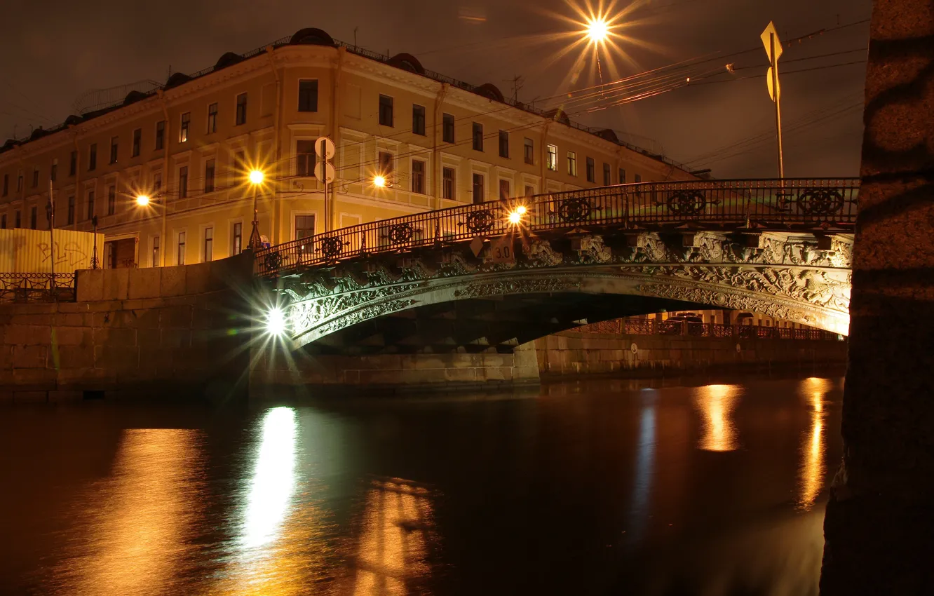 Photo wallpaper night, bridge, lights, home, lights, Saint Petersburg, channel, Russia