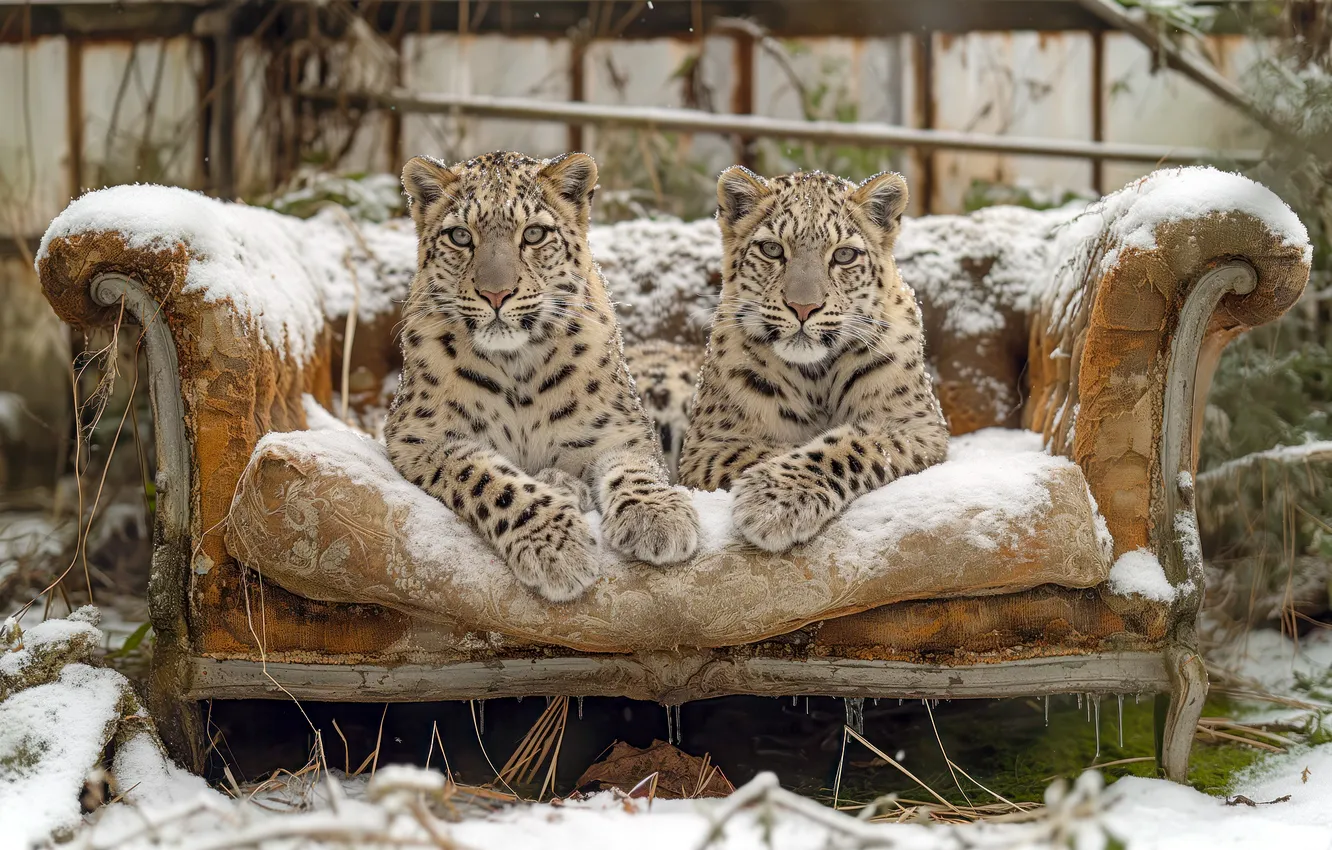 Photo wallpaper snow, sofa, IRBIS, snow leopard, wild cats, a couple, snow leopard, neural network