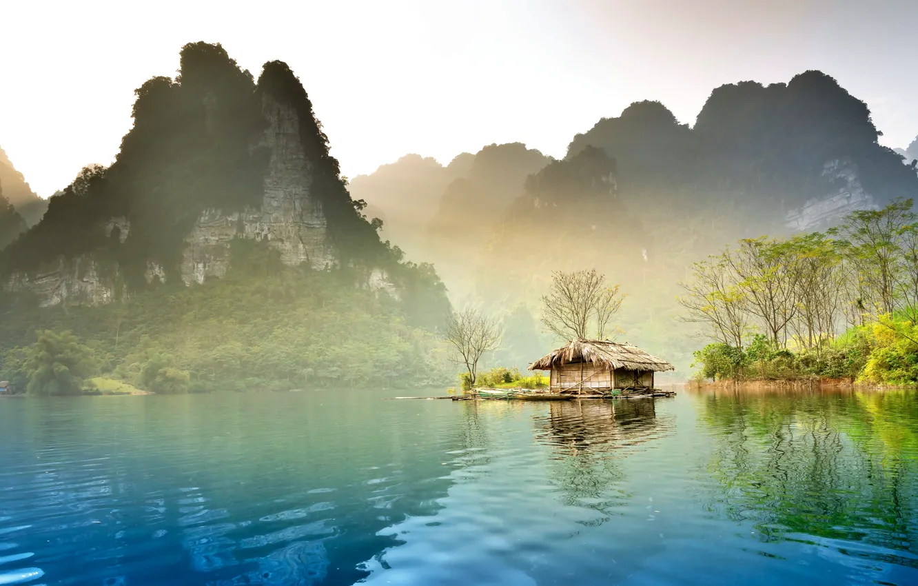 Photo wallpaper water, landscape, mountains, Wallpaper, hut, Vietnam, picture, pond