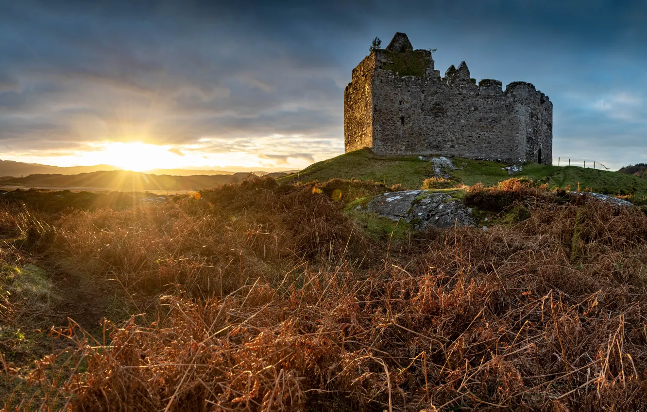 Photo wallpaper the sky, grass, sunset, castle, ruins