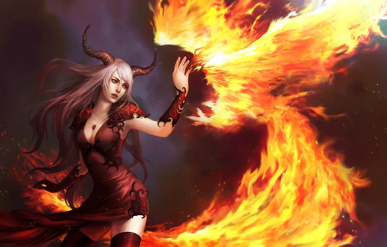 Photo wallpaper girl, lights, bird, the demon, art, horns, Phoenix, demoness