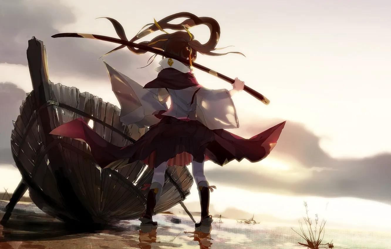 Photo wallpaper the sky, girl, the sun, clouds, sunset, weapons, boat, katana