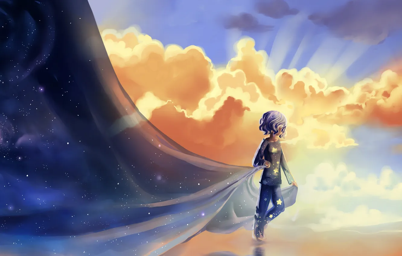 Photo wallpaper stars, clouds, night, fantasy, boy, art, day, pajamas