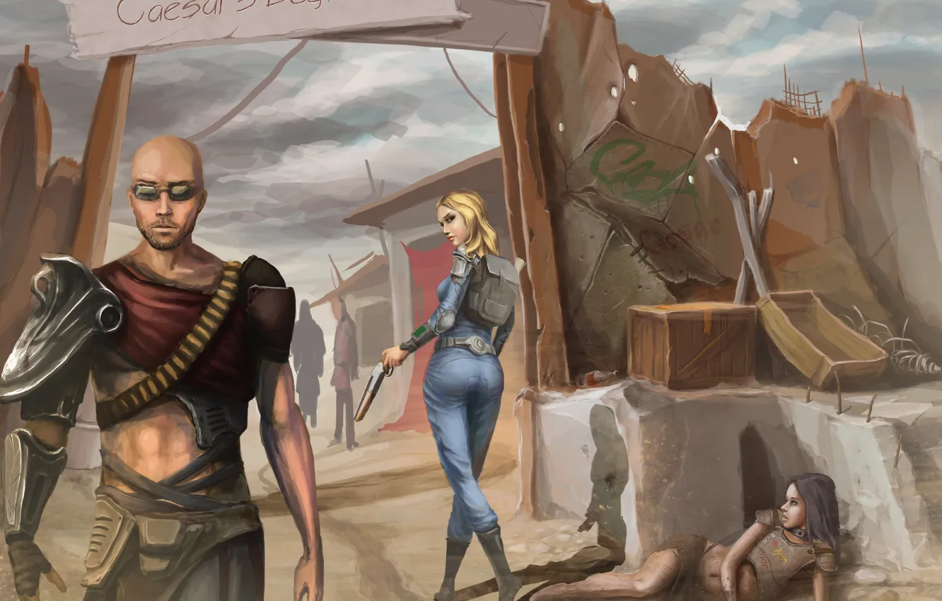 Photo wallpaper girl, man, dog, Fallout 3, slave, The slavers, Slavers