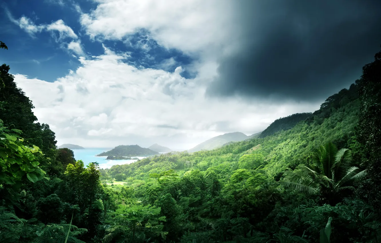 Photo wallpaper sea, greens, the sky, Islands, clouds, tropics, jungle, Jungle
