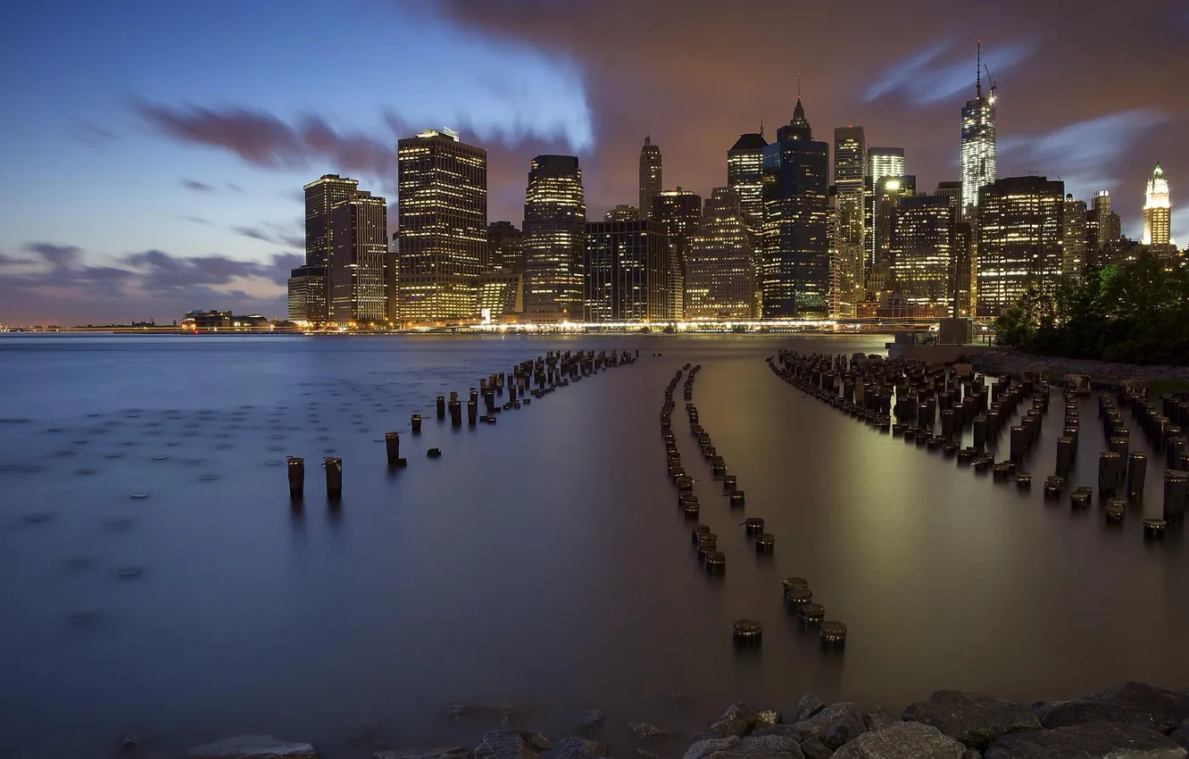 Photo wallpaper the city, lights, river, building, home, New York, skyscrapers, the evening